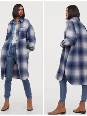 Blue Plaid Long Shacket Coat